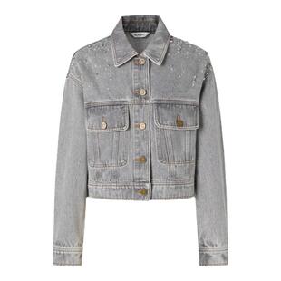 MOISSAC摩萨克秋纯棉烫钻工装水洗灰色休闲牛仔外套女