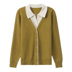 假两件针织衫女2025春秋新款翻领毛衣时尚洋气拼色上衣打底毛衫