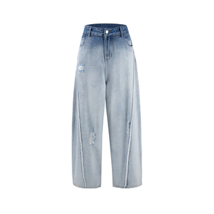 晶咕白标DADATATA磨白水洗破洞拼接阔腿牛仔裤大码微胖mm显瘦穿搭