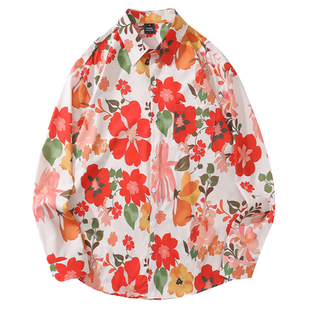 TRAVEL ISSUANCE 流光溢彩 潮流宽松鲜艳花朵满印长袖衬衫大码bf