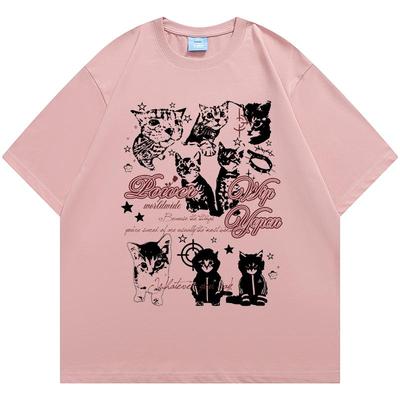 YEP2025春夏新款猫咪印花宽松T恤ins风街头复古风甜辣少女感上衣