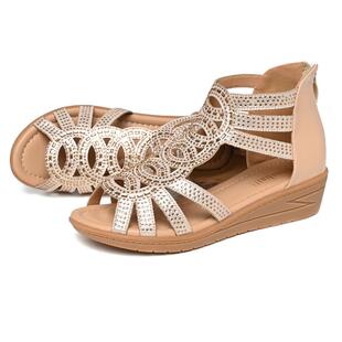 断码清仓真皮凉鞋女夏水钻女鞋时尚罗马鞋中跟坡跟软底妈妈皮鞋