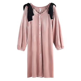 睡裙女士春秋季金丝绒长袖2026新款家居服女秋冬薄绒珊瑚绒连衣裙