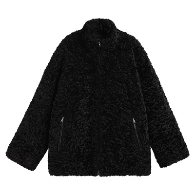 ousph 黑色立领宽松仿皮草外套女秋季新款皮毛一体夹棉加厚羊羔绒