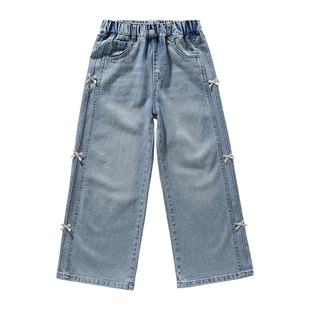 女童裤子2026新款中大童洋气浅色牛仔裤网红儿童蝴蝶结直筒阔腿裤