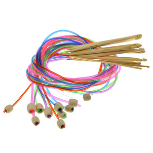 地毯钩针12支彩色管漂白竹环形钩针120CM毛线针带珠毛衣勾针