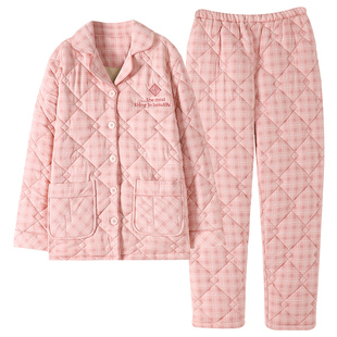 冬季里外纯棉夹棉袄女士睡衣大码套装冬天三层加厚爽棉夹棉家居服