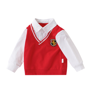 男童卫衣春秋装新款小儿童学院帅气衬衫领上衣宝宝假两件长袖童装