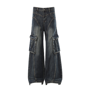 华夏印迹 新款复古工装牛仔裤男多口袋水洗高腰直筒阔腿休闲长裤