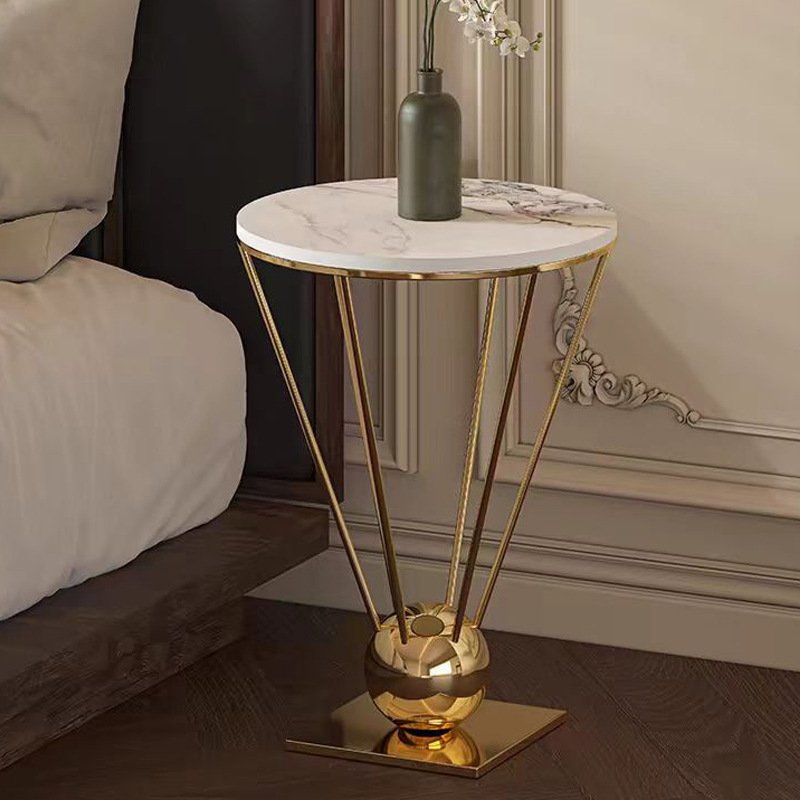 小圆桌奶茶饮品店电镀家用大理石茶几客厅不锈钢边板桌子阳台岩几