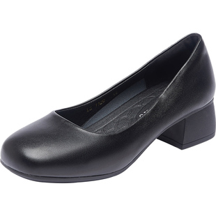 方头粗跟4cm黑色工作鞋职业女皮鞋正装事业编面试女鞋职场小黑鞋