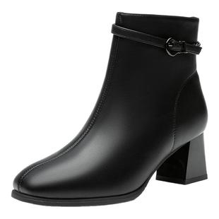 大东切尔西靴女2025新款秋冬黑色粗跟高跟靴子方头短靴显瘦瘦瘦靴