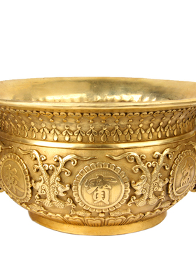 厚德居 黄铜款铜双龙开口聚宝盆摆件铜盆客厅玄关店铺开业礼品