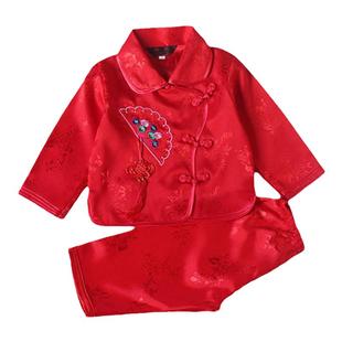 新款女童长袖红色套装女宝宝周岁礼服婴儿满月百天庆生唐装春夏款