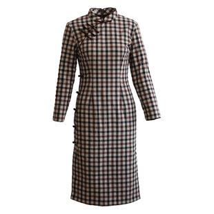 格子旗袍冬款加厚夹棉改良连衣裙中长款冬天旗袍裙民国风长袖旗袍