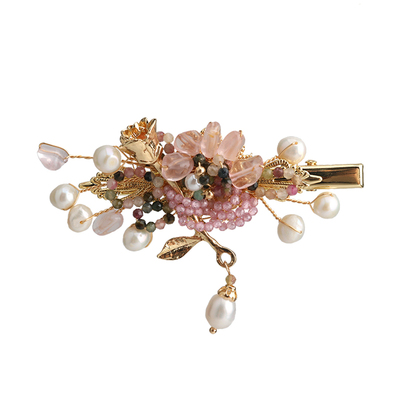 陌上芊边夹粉晶珍珠花朵侧边发夹