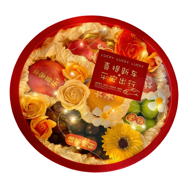 喜提新车水果鲜花礼盒空盒包装 贺车花盒大号圆形DIY材料包带皂花