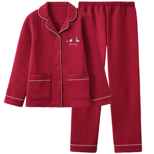 空气棉睡衣女加厚纯棉秋冬季喜庆红色本命年家居服薄夹棉夹层套装