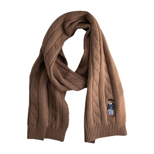 100%美利奴羊毛！经典麻花英伦复古围巾女冬季绞花刺绣小熊围脖男
