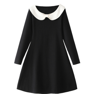 针织裙黑色连衣裙中长款秋冬打底A字裙内搭长袖小黑裙修身毛衣裙