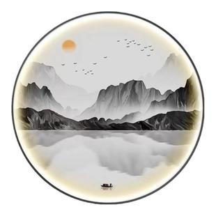 新中式圆形灯画玄关书房背景装饰画水墨风景意境山水茶室圆挂画
