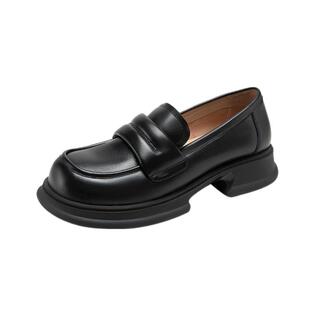 千百度女鞋春秋气质JK乐福鞋厚底时尚潮流小皮鞋真皮一脚蹬增高