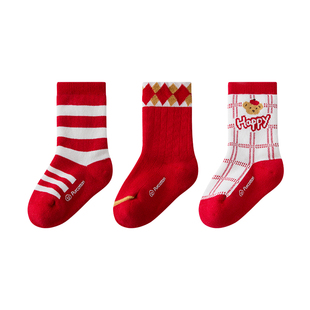 全棉时代儿童袜子女童加厚秋冬男童袜子宝宝保暖新年红色纯棉袜