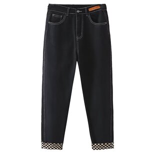 大码女装休闲裤冬季韩版新款胖mm加厚加绒格子复工宽松显瘦牛仔裤