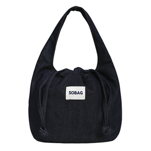 sobag日系丹宁牛仔帆布手拎单肩腋下包女简约抽绳手挽手提小布包
