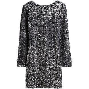 HM女装连衣裙春季长袖亮片低露背一字领H版型短裙1245452