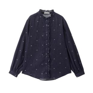 设计师款佐丹奴女装纯棉撞色提花荷叶边立领原牛牛仔衬衫18345228