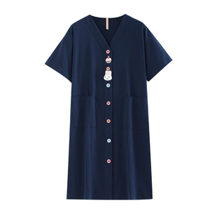 家乐芬睡裙女士睡衣夏季夏天夏款纯棉短袖开衫衬衫长款大码家居服