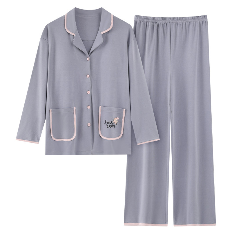 帕兰朵100%纯棉长袖睡衣女秋季带胸垫防凸点女春秋天家居服可外穿