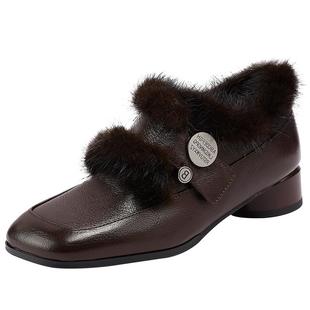 舒适水貂毛毛鞋冬季新款加绒深口单鞋粗跟一脚蹬方头小皮鞋真皮女