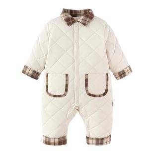 babylove婴儿连体衣冬季保暖棉服宝宝夹棉哈衣复古时尚加厚外出服