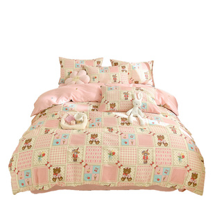 简约条纹柔软裸睡水洗全棉四件套少女心亲肤纯棉加大床品学生床单