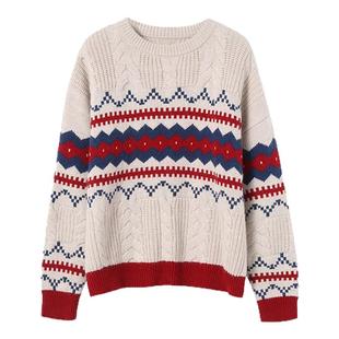 糖皮出品 复古提花撞色 浣熊毛羊毛混纺 冬季绞花费尔岛套头毛衣