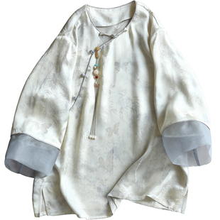 云澍原创 真丝提花新中式轻国风复古盘扣桑蚕丝纱袖T恤上衣女夏季