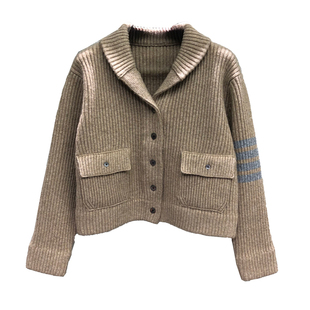 TB针织开衫女秋冬装韩系慵懒风大翻领宽松四条杆加厚毛衣短款外套