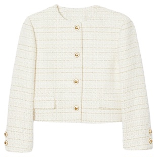 SANDRO春夏女装法式优雅简约白色细条纹圆领直筒上衣花呢短外套