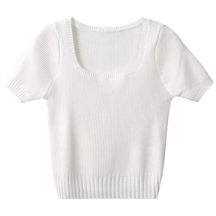 大码冰丝针织短袖女夏薄款白色方领宽松体恤短款T恤上衣胖mm200斤