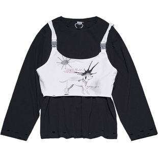 STILLYOU原创个性涂鸦破洞马甲长袖T恤两件套女宽松休闲上衣韩春