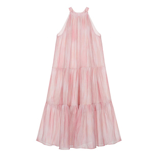 法式晕染粉色挂脖吊带连衣裙送腰带晕染2025年新款女高级感度假风