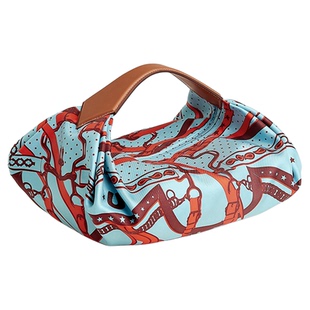 手工制作欧美风轻奢桑蚕丝印花拼接真皮提包晚宴包旅行包手提轻包