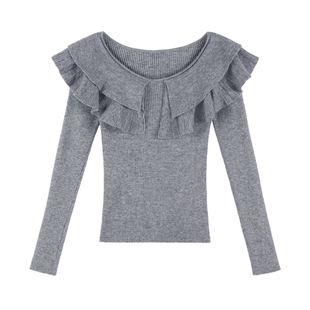 荷叶边套头灰色毛衣女外穿秋冬季2025新款修身短款一字肩针织上衣