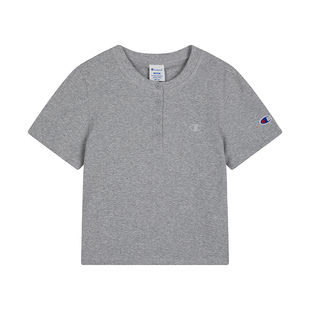 Champion冠军短袖T恤女2026春季新款按扣领纯色修身款上衣甜美风