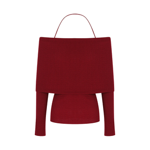 F PROJECT【甜心软酪】力荐!含羊毛挂脖一字肩针织长袖打底衫女