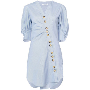 galeri chic原创定制新品蓝白条纹不对称衬衫式连衣裙