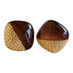 秋冬新款琥珀色美拉德方形耳钉复古气质高级感独特耳环金色耳饰品