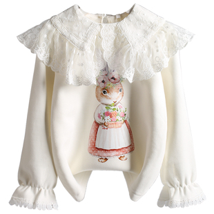 女童白色娃娃领打底衫加绒加厚秋冬款女宝宝蕾丝翻领内搭外穿上衣